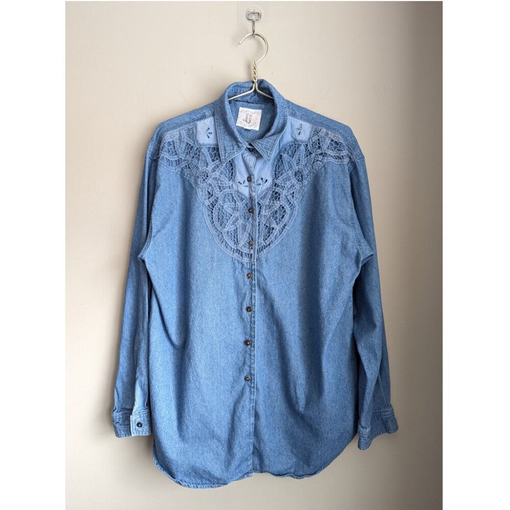 Vintage Jessie Jeanswear Lace bib button down denim shirt